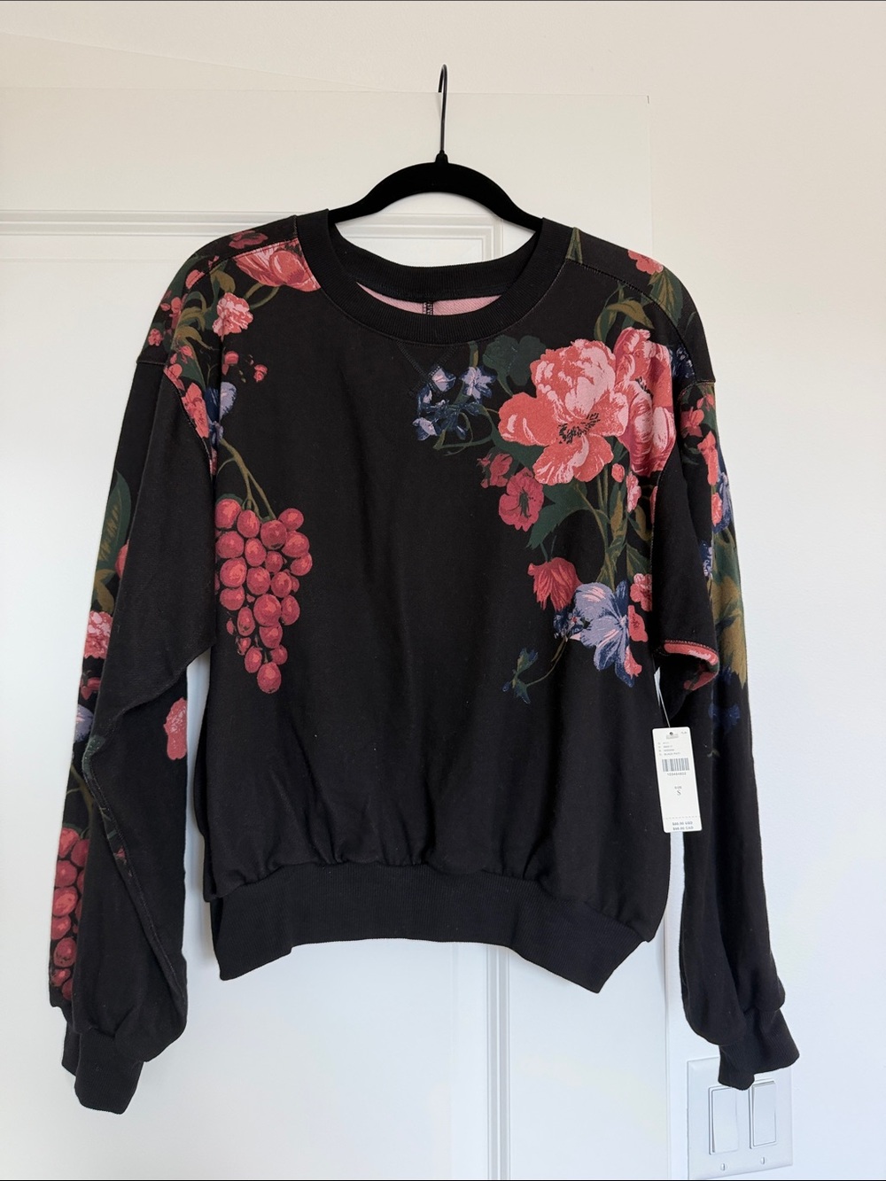 Anthropologie Black Pullover Sweatshirt with Pink Floral Print